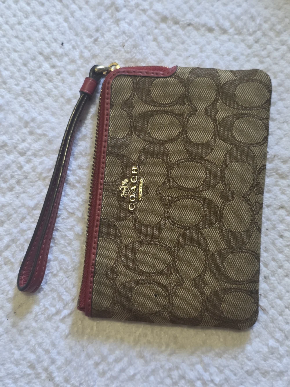 Coach Brown Signature Canvas Wristlet with Red Trim